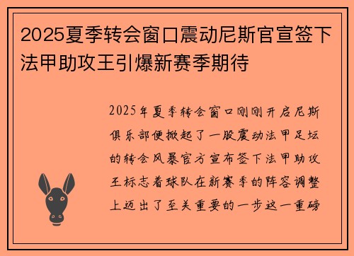 2025夏季转会窗口震动尼斯官宣签下法甲助攻王引爆新赛季期待